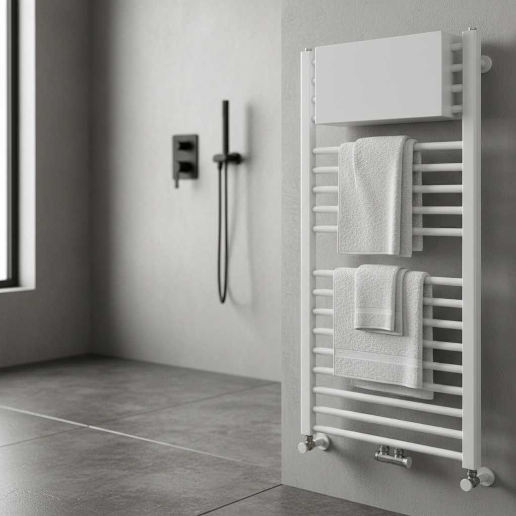 Zbiornik na grzejniku drabinkowym Atlantic 2012 Classic, na którym wiszą złożone, białe ręczniki. W tle widać nowoczesną armaturę łazienkową w kolorze czarnym matowym.