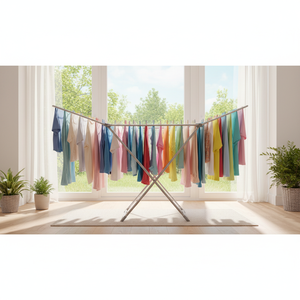 Jasne, wypełnione naturalnym światłem pomieszczenie z widokiem na zieleń za oknem. Na środku stoi nowoczesna, aluminiowa suszarka na pranie Vileda, na której równo i bez użycia klamerek rozwieszone są kolorowe, świeżo wyprane ubrania. Scena jest estetyczna, czysta i spokojna, sugerując harmonię i porządek w domowych obowiązkach.