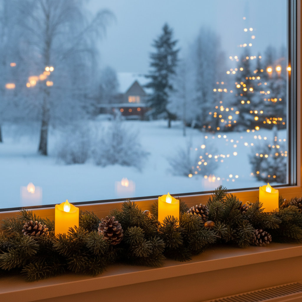 Pięknie udekorowany parapet okienny z widokiem na zimowy krajobraz za oknem. Na parapecie znajduje się świąteczny stroik z gałązkami jodły, szyszkami i bezpiecznymi świecami LED. W tle widać delikatne, ciepłe światło lampek choinkowych odbijające się w szybie.