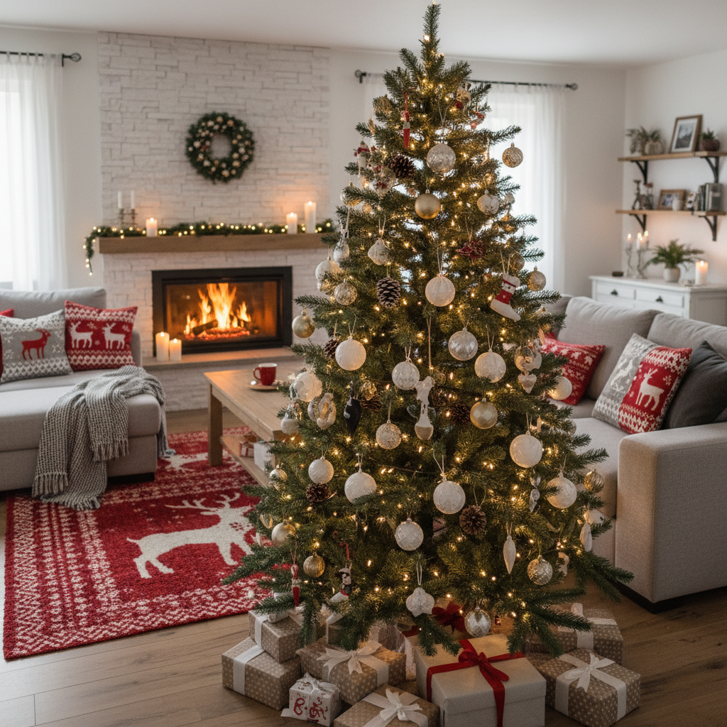 Ciepłe, przytulne wnętrze salonu w stylu skandynawskim, udekorowane na Święta. W centralnym punkcie znajduje się pięknie ubrana choinka, pod którą leży biało-czerwony dywan z motywem reniferów. Na kanapie w tle leżą pasujące poduszki, a w kominku pali się ogień. Całość oświetlona jest miękkim, ciepłym światłem lampek choinkowych i świec, tworząc magiczną, rodzinną atmosferę.