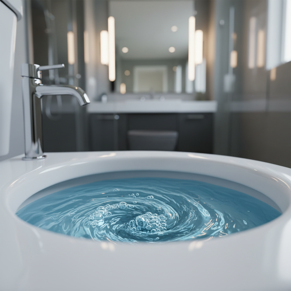 Artystyczne ujęcie wirującej, błękitnej wody w idealnie czystej misie WC. W tle widać rozmyte elementy nowoczesnej łazienki, co tworzy wrażenie absolutnej czystości i świeżości.