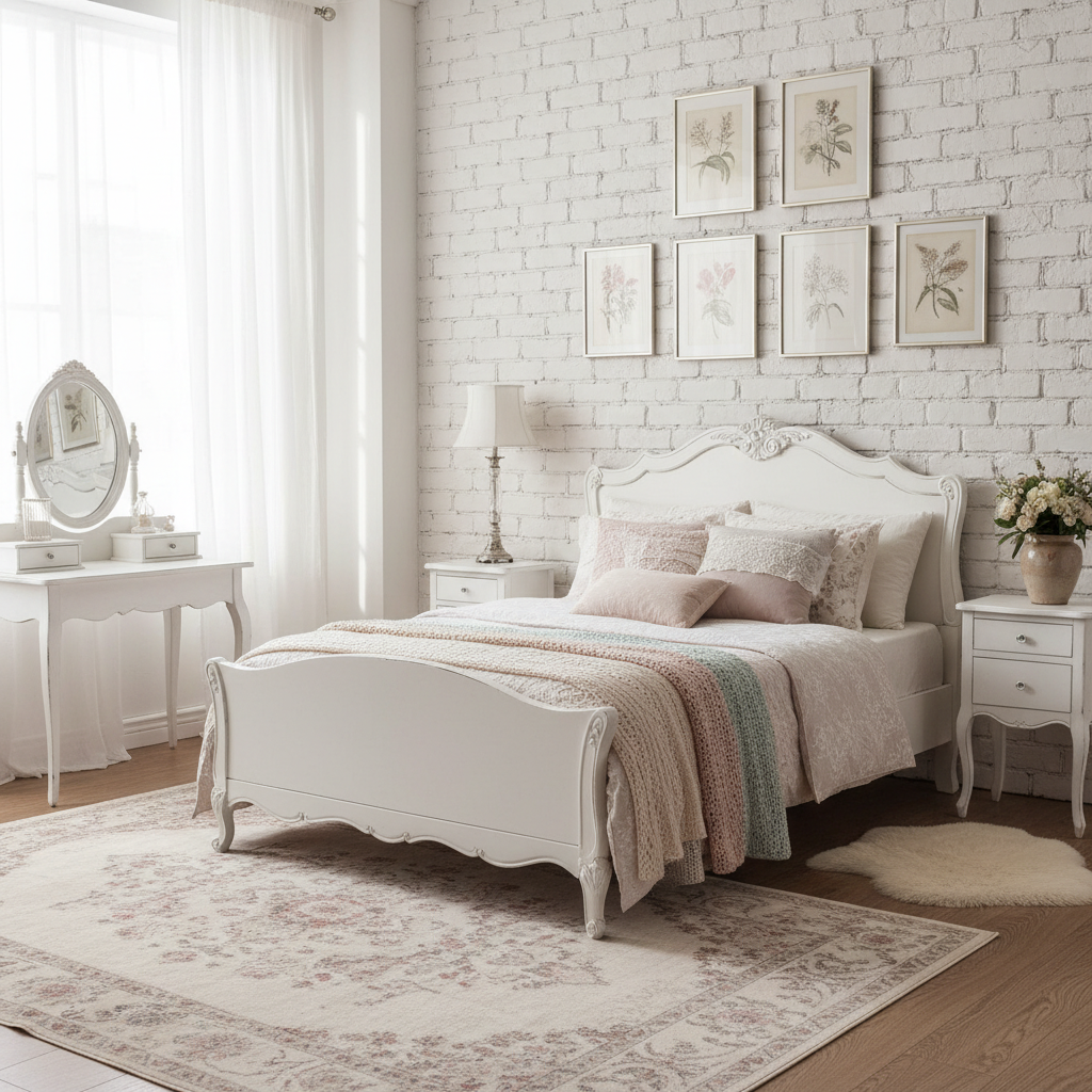 Jasna, romantyczna sypialnia w stylu shabby chic. Za drewnianym, białym łóżkiem z ozdobnym zagłówkiem znajduje się ściana z bielonej cegły. Na ścianie wiszą delikatne grafiki w postarzanych ramkach. Wnętrze jest pełne światła, a dodatki, takie jak koronkowe poduszki i pastelowy pled, dodają mu subtelności i uroku.