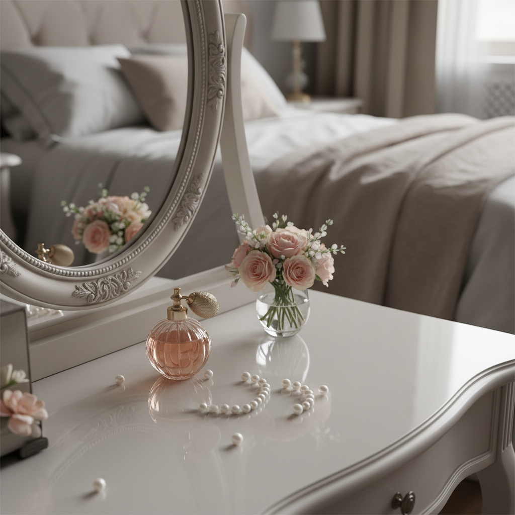 Kadr skupiony na eleganckiej toaletce z lustrem w ozdobnej ramie. Na blacie leży kilka pereł, flakonik perfum w stylu vintage oraz mały bukiecik świeżych kwiatów w szklanym wazonie. W tle widać fragment łóżka z narzutą o miękkiej fakturze.
