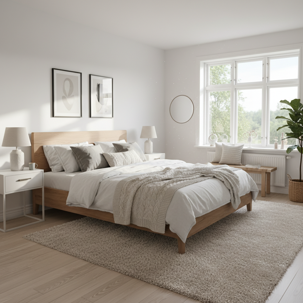 Jasna, przestronna sypialnia urządzona w stylu skandynawskim, z dużym łóżkiem z drewnianym zagłówkiem, białymi szafkami nocnymi i miękkim dywanem. Przez duże okno wpada delikatne, poranne światło.