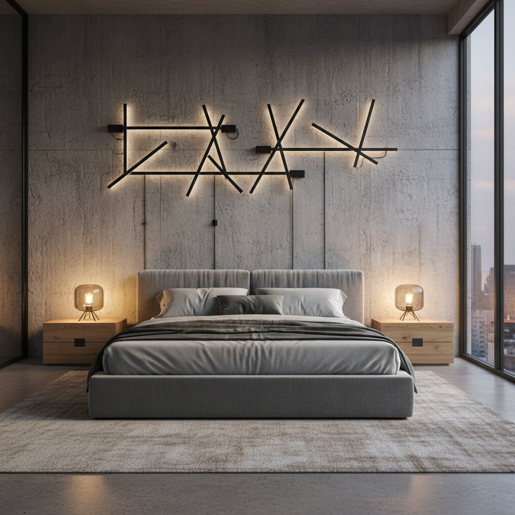 Przestronna główna sypialnia w stylu loftowym. Centralnym punktem jest duże łóżko z szarym, tapicerowanym zagłówkiem. Za łóżkiem znajduje się monumentalna ściana z surowego betonu architektonicznego. Na ścianie, nad łóżkiem, zamontowano nowatorskie oświetlenie – geometryczny układ czarnych pasów świetlówkowych z widocznymi przewodami i transformatorami. Po bokach łóżka stoją proste, drewniane szafki nocne. Ciepłe światło lamp kontrastuje z chłodem betonu.