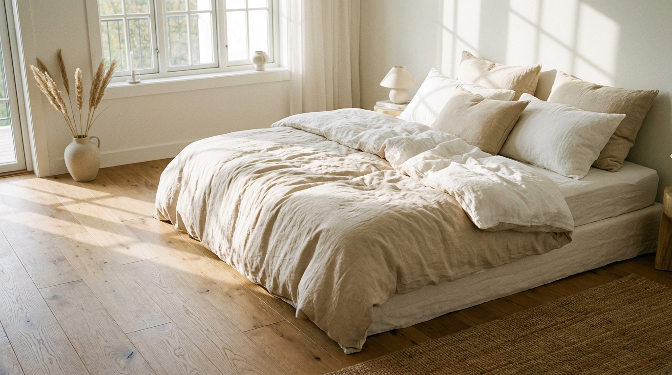 Jasna, przestronna sypialnia z dużym, wygodnym łóżkiem pokrytym warstwami lnianej pościeli i miękkich poduszek w neutralnych kolorach. Przez duże okno wpada delikatne, poranne światło, oświetlając drewnianą podłogę i minimalistyczne dodatki. Atmosfera jest spokojna, relaksująca i zachęcająca do odpoczynku.