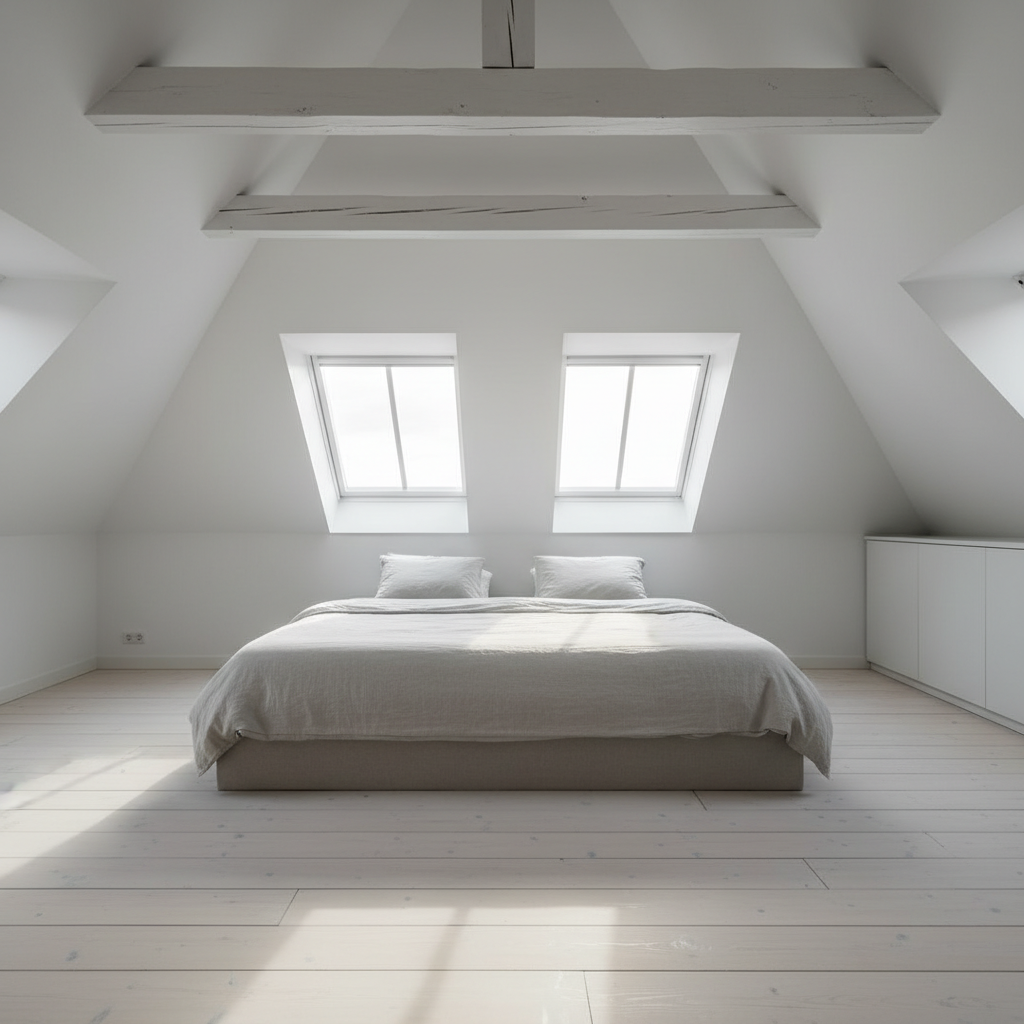 Jasna, przestronna sypialnia na poddaszu w stylu skandynawskim. Duże, centralnie umieszczone łóżko z lnianą pościelą stoi pod dwoma dużymi oknami dachowymi, przez które wpada ciepłe, poranne światło. Widoczne są białe ściany, jasna drewniana podłoga i odsłonięte, pomalowane na biało belki stropowe. W tle widać fragment szafy w zabudowie idealnie wpasowanej pod skos.