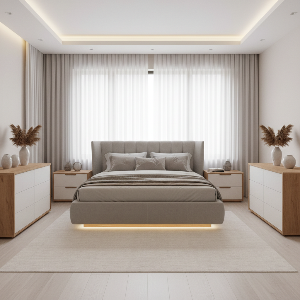 Nowoczesna sypialnia z meblami o gładkich, białych frontach i drewnianych korpusach. Centralnym punktem jest łóżko z tapicerowanym zagłówkiem, obok którego stoją proste szafki nocne. Minimalistyczne oświetlenie i stonowane dodatki podkreślają elegancki charakter wnętrza.