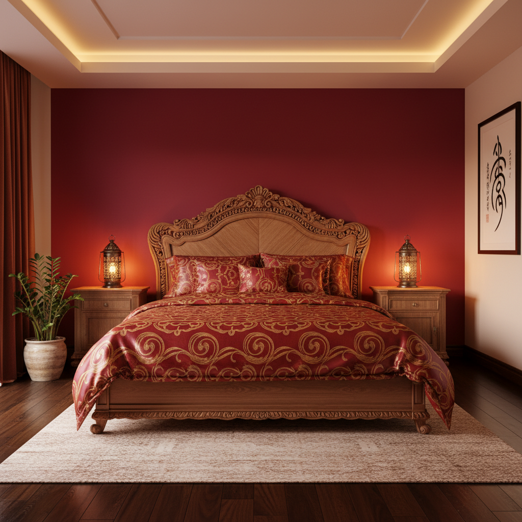 Elegancka sypialnia w stylu orientalnym. Ściana za dużym, drewnianym łóżkiem z misternie rzeźbionym wezgłowiem jest pomalowana na głęboki, nasycony odcień burgundowej czerwieni. Po obu stronach łóżka stoją szafki nocne z lampionami dającymi ciepłe światło. Na łóżku leży jedwabna narzuta ze złotym wzorem. Wnętrze jest zmysłowe, luksusowe i egzotyczne.