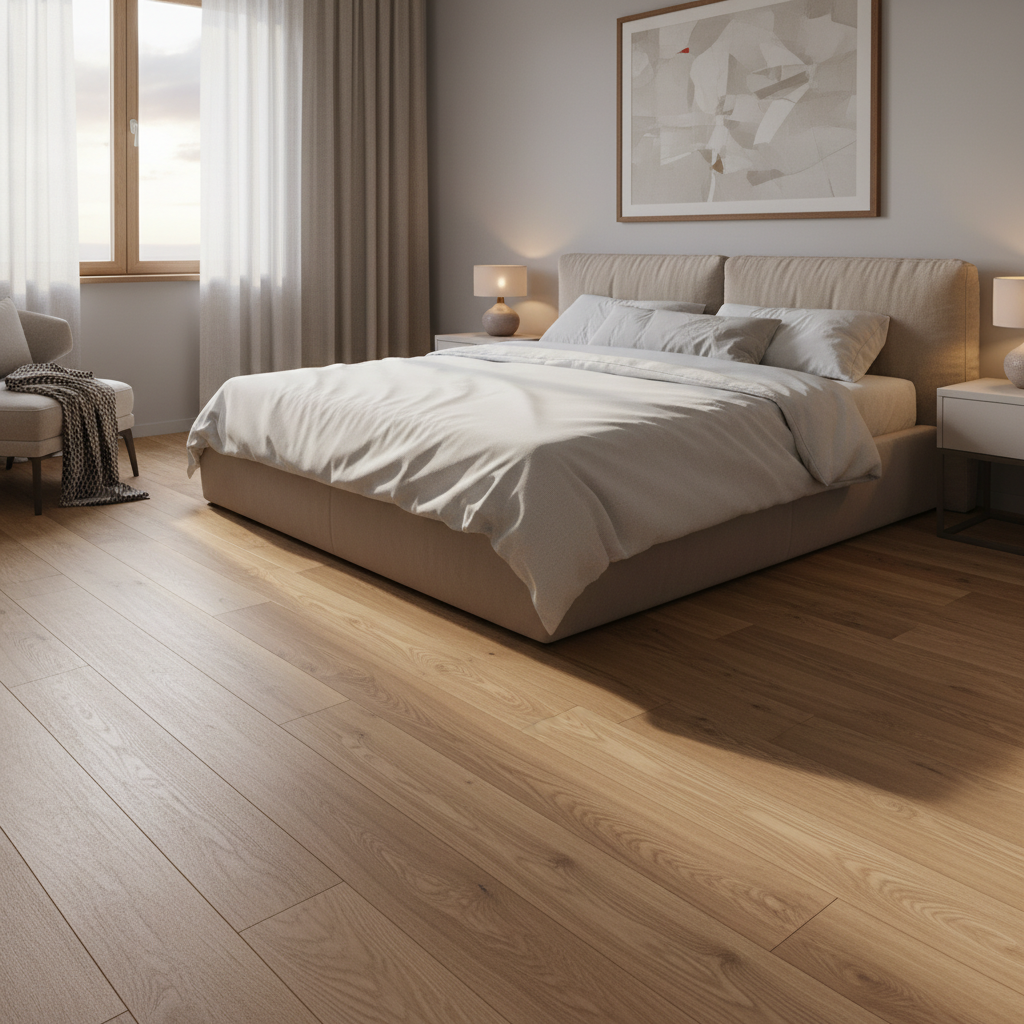Przytulna, nowocześnie urządzona sypialnia z dużym łóżkiem. Na podłodze ułożono długie panele laminowane w ciepłym odcieniu dębu, które wprowadzają do wnętrza naturalny, spokojny klimat. Promienie słońca wpadające przez okno subtelnie podkreślają synchroniczną strukturę i matowo-błyszczące wykończenie desek.