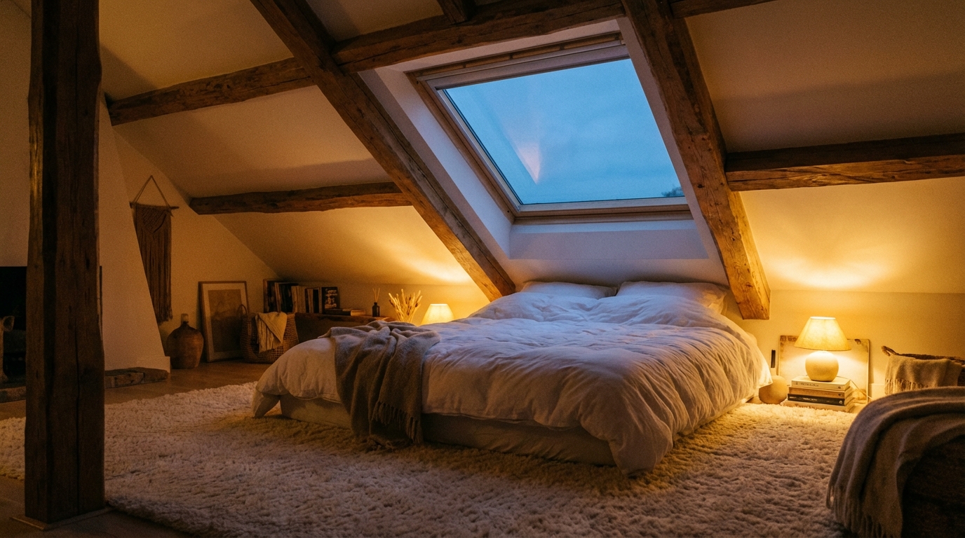 Przytulna sypialnia na poddaszu z drewnianymi belkami stropowymi. Duże łóżko z białą pościelą znajduje się bezpośrednio pod oknem dachowym, przez które widać niebo. Na podłodze leży miękki, jasny dywan, a oświetlenie tworzą niskie lampki nocne.