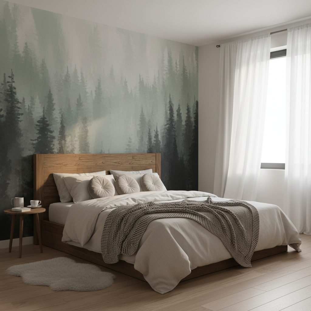 Spokojna, przytulna sypialnia z dużym łóżkiem z drewnianym wezgłowiem. Na ścianie za łóżkiem znajduje się fototapeta przedstawiająca malarski, zamglony las w stonowanych odcieniach szarości i zieleni. Całość tworzy atmosferę relaksu i bliskości z naturą.