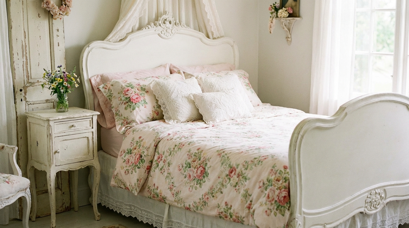 Jasna, romantyczna sypialnia w stylu shabby chic z białym, drewnianym łóżkiem z rzeźbionym zagłówkiem. Na łóżku leży pościel w delikatne, różane wzory i kilka koronkowych poduszek. Obok stoi postarzana, biała szafka nocna z małym bukietem polnych kwiatów.