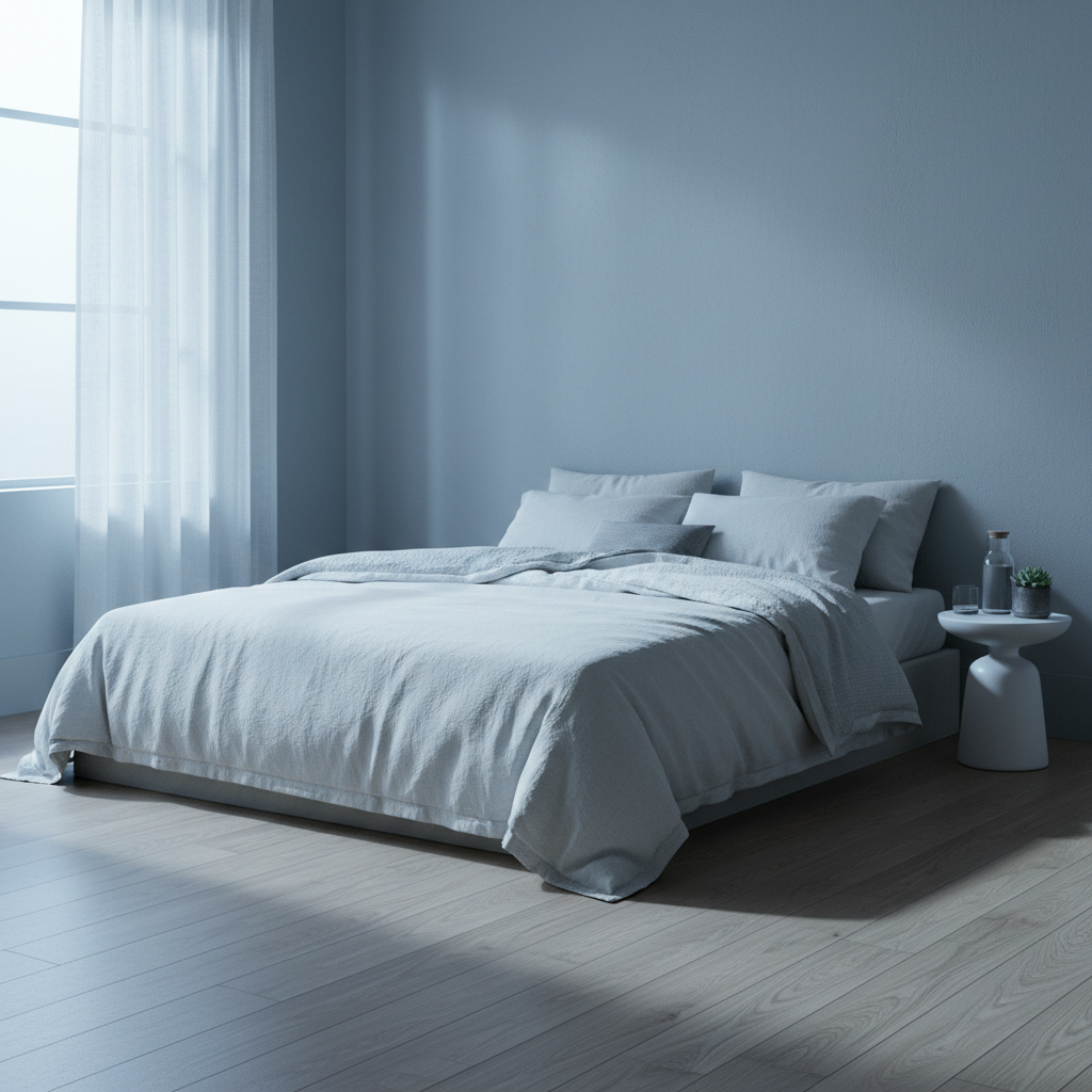 Spokojna, minimalistyczna sypialnia z dużym, wygodnym łóżkiem. Przez okno wpada delikatne, chłodne światło poranka. Pościel jest lekko odsunięta, sugerując spokojnie przespaną noc. Atmosfera jest cicha, relaksująca i sprzyjająca odpoczynkowi, co podkreśla znaczenie odpowiedniej, niższej temperatury do snu.