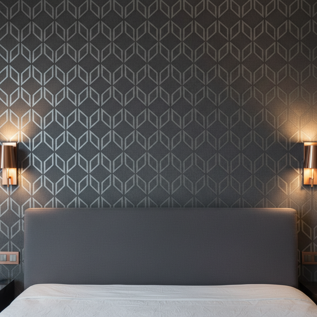 Zbliżenie na ścianę za wezgłowiem łóżka w sypialni. Ściana jest pokryta elegancką, tekstylną tapetą Khroma o subtelnym, geometrycznym wzorze w odcieniach szarości i srebra. Na tle tapety stoi proste, tapicerowane wezgłowie łóżka w kolorze grafitowym. Po obu stronach łóżka wiszą nowoczesne lampki nocne z miedzianymi akcentami, rzucające ciepłe, nastrojowe światło.