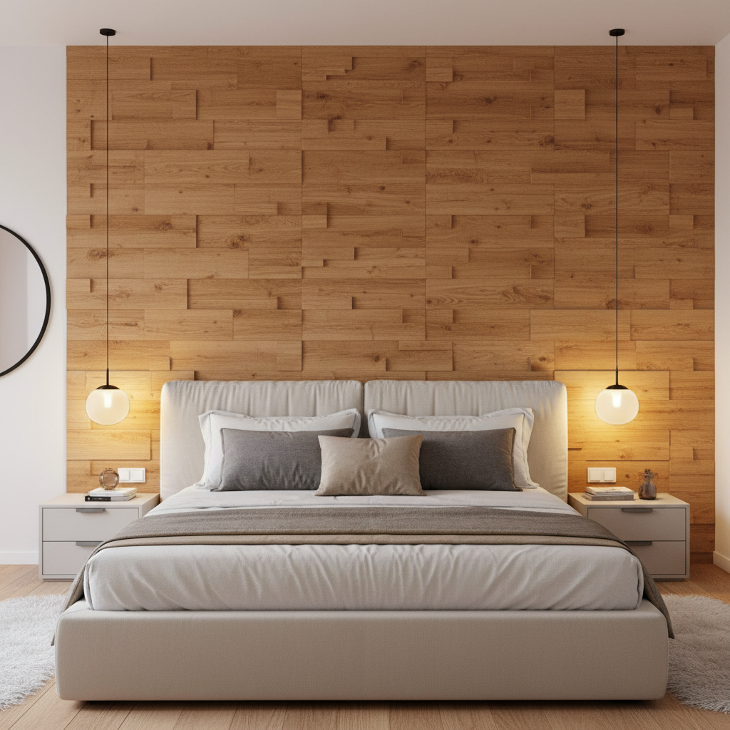 Przytulna, nowoczesna sypialnia. Ściana za dużym łóżkiem z miękkim, tapicerowanym zagłówkiem jest w całości wykończona panelami ściennymi z naturalnego drewna Stegu Pure. Ciepłe, ambientowe oświetlenie z lampek nocnych podkreśla nieregularną fakturę i ciepłą barwę drewna, tworząc relaksującą atmosferę.