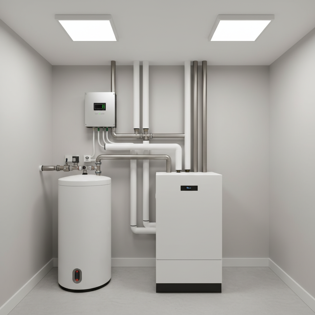 Czyste, nowoczesne i dobrze zorganizowane pomieszczenie techniczne w domu jednorodzinnym. Centralnym punktem jest nowoczesna pompa ciepła, obok niej widać elementy instalacji, takie jak zbiornik na ciepłą wodę użytkową i inwerter od fotowoltaiki. Wszystko jest estetycznie połączone, co sugeruje synergię i zaawansowanie technologiczne. Styl minimalistyczny, jasne oświetlenie.