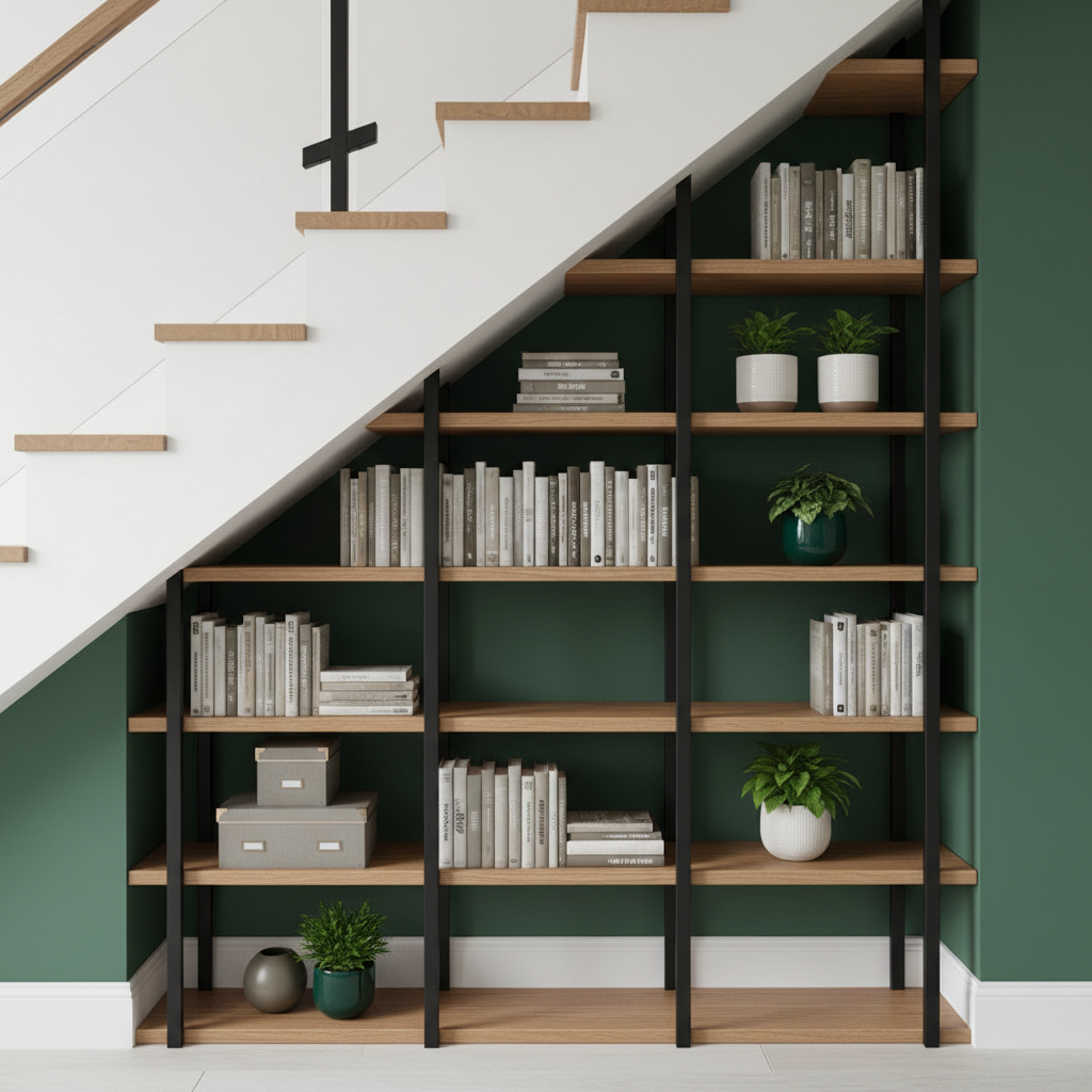 Stylowa zabudowa płytkiej wnęki pod schodami w nowoczesnym systemie kolumnowym. Czarne, matowe, metalowe profile podtrzymują półki z naturalnego, ciepłego dębu. Na półkach estetycznie ułożone są książki, ozdobne pudełka do przechowywania i kilka zielonych roślin doniczkowych w ceramicznych osłonkach. Schody są białe, a ściana za zabudową ma kolor głębokiej, butelkowej zieleni, co tworzy elegancki i modny kontrast.