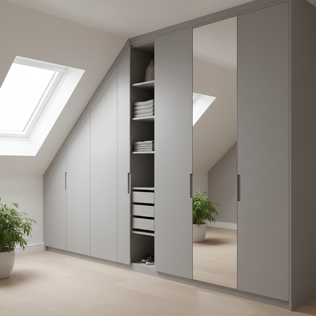 Elegancka i nowoczesna szafa w zabudowie, idealnie wpasowana w przestrzeń pod skosem dachu. Fronty szafy są gładkie, w kolorze białym lub jasnoszarym, z minimalistycznymi, ukrytymi uchwytami. Jedno ze skrzydeł drzwi jest lustrzane, co optycznie powiększa przestrzeń. Szafa biegnie wzdłuż całej ściany, maksymalizując miejsce do przechowywania.