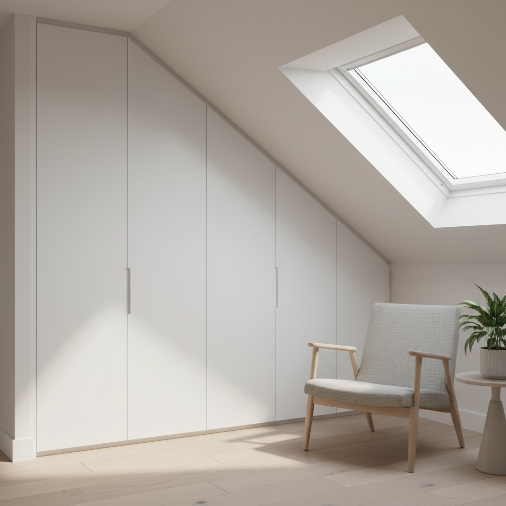 Nowoczesna, biała szafa wnękowa wbudowana idealnie pod skosem dachu na poddaszu. Drzwi bez uchwytów tworzą gładką powierzchnię, a obok szafy stoi minimalistyczny fotel. Przez okno dachowe wpada miękkie, naturalne światło.