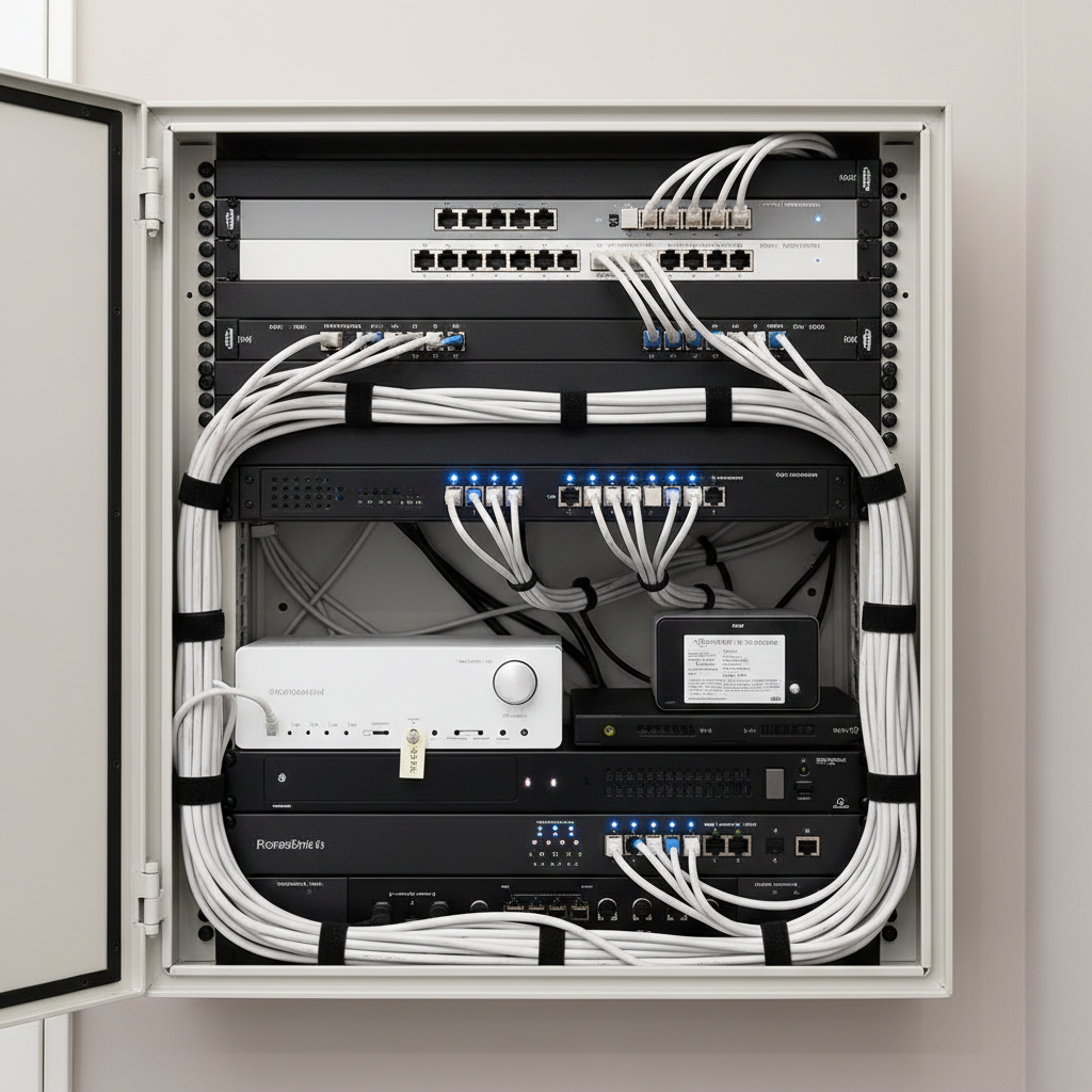 Czysta i uporządkowana domowa szafa teletechniczna (rack) zamontowana na ścianie. Wewnątrz widać patch panel, switch sieciowy i inne urządzenia multimedialne. Kable są estetycznie spięte i podłączone, a niebieskie diody LED sygnalizują pracę urządzeń. Zdjęcie symbolizuje technologiczne serce domu, porządek i niezawodność instalacji.