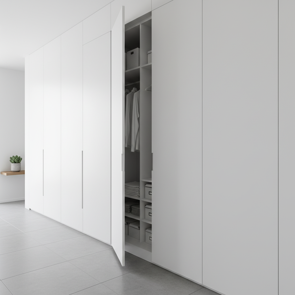 Minimalistyczny korytarz, w którym jedna ze ścian jest w całości pokryta gładkimi, białymi drzwiami szafy wnękowej. Drzwi nie mają uchwytów, dzięki czemu tworzą jednolitą powierzchnię, optycznie powiększając przestrzeń. Jedne z drzwi są lekko uchylone, ukazując perfekcyjnie zorganizowane wnętrze.