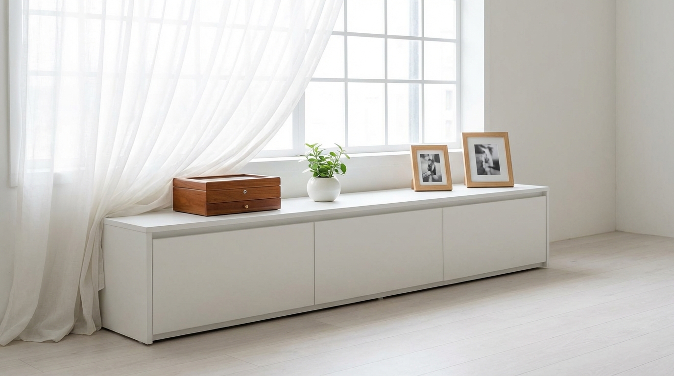 Jasne, minimalistyczne ujęcie białej szafki-ławki znajdującej się pod dużym oknem z transparentną zasłoną. Na blacie szafki stoi kilka eleganckich przedmiotów: ozdobne pudełko na biżuterię, mała roślina w doniczce i dwie ramki ze zdjęciami. Światło dzienne delikatnie oświetla scenę, tworząc spokojny nastrój.