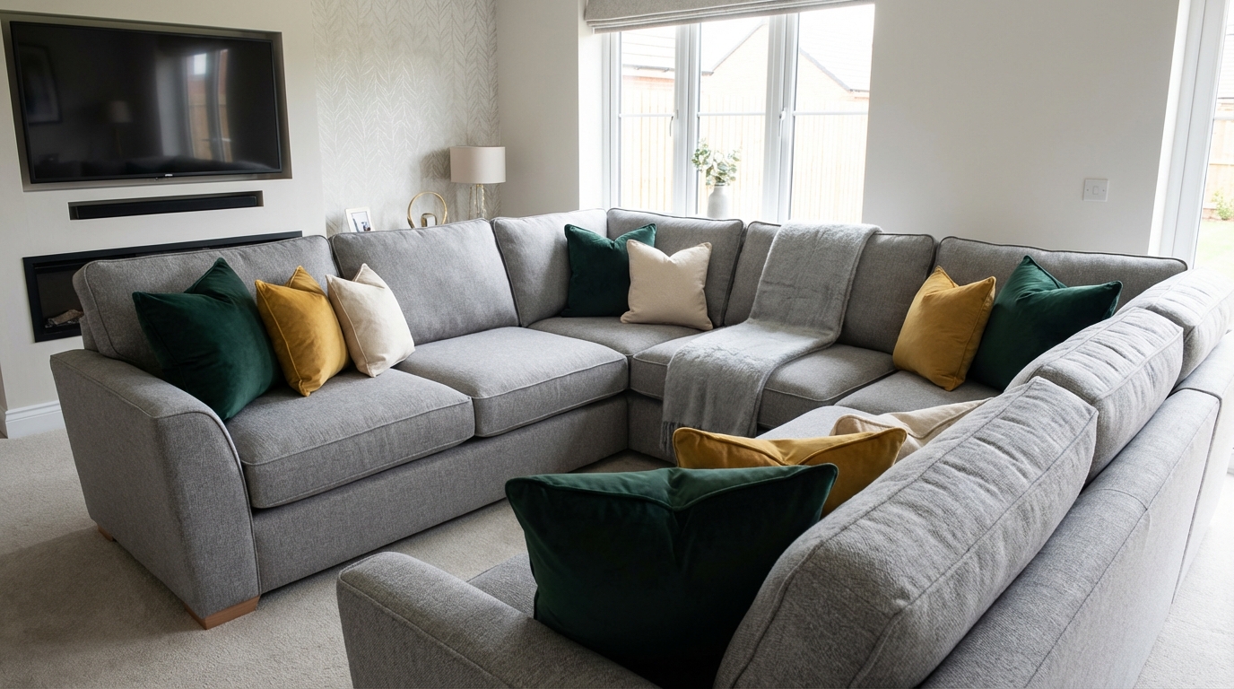 Elegancki, duży szary narożnik z miękkiej tkaniny, ustawiony centralnie w salonie. Na kanapie leży kilka poduszek w kontrastujących kolorach (np. butelkowa zieleń, musztardowy) oraz miękki koc. W tle widać fragment ściany z telewizorem i subtelną tapetą.