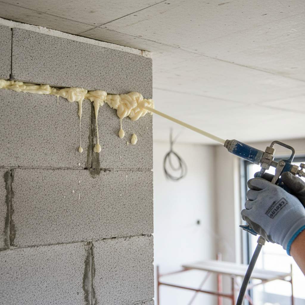 Ujęcie pokazujące górną krawędź ściany działowej z betonu komórkowego i sufit. Widać wyraźnie pozostawioną szczelinę dylatacyjną, częściowo wypełnioną pianką montażową. Ręka w rękawicy roboczej z pistoletem do pianki może uzupełniać scenę, pokazując proces aplikacji.