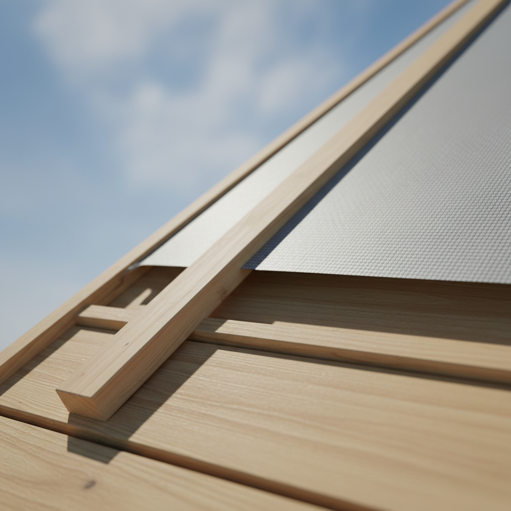 Przekrojowy widok konstrukcji dachu z pełnym deskowaniem. Wyraźnie widoczna jest drewniana listwa dystansowa, która tworzy wyraźną szczelinę powietrzną pomiędzy deskami a rozpiętą membraną dachową. Ujęcie jest czyste, dobrze oświetlone, niemal architektoniczne, koncentrując się na warstwach konstrukcji.