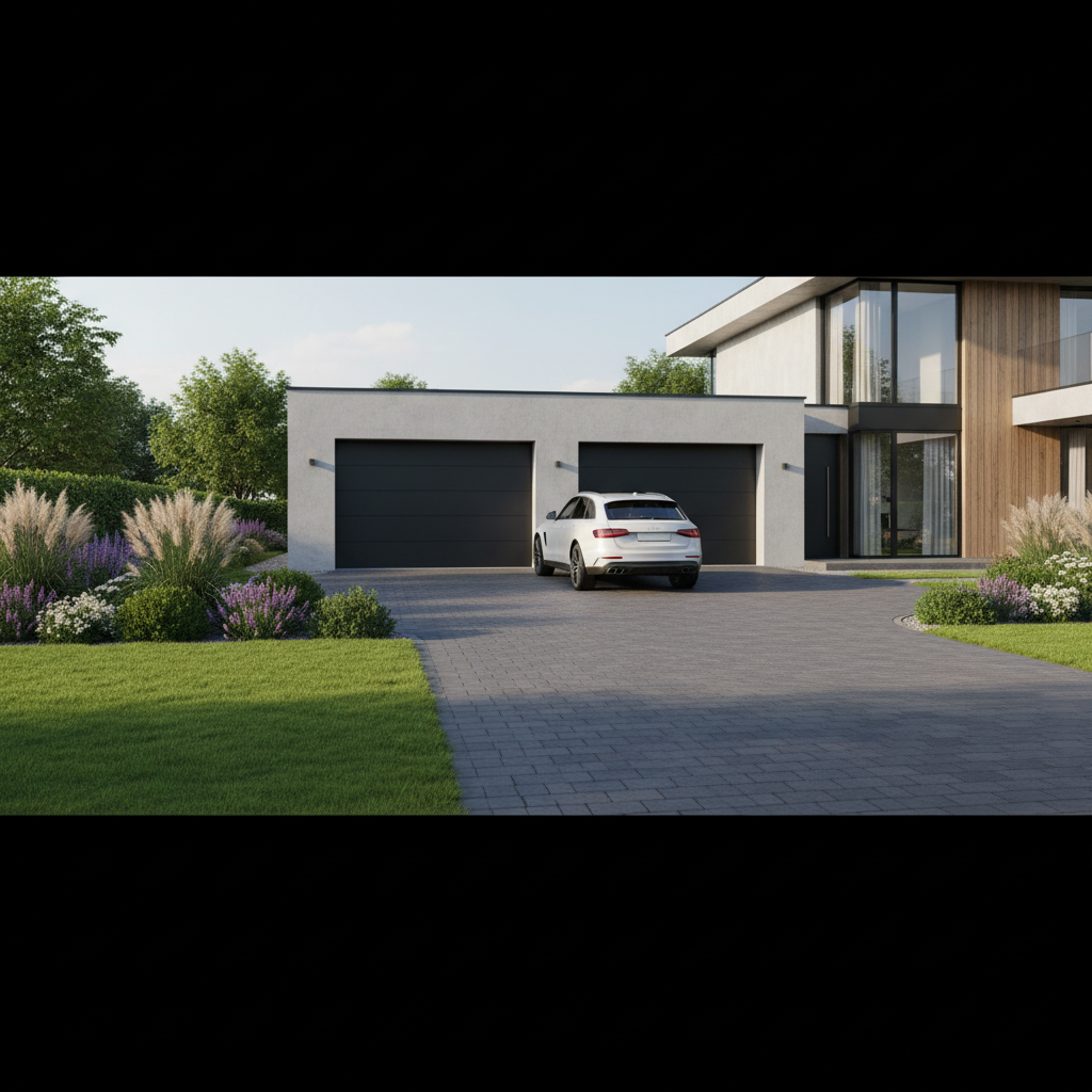 Szeroki, elegancki podjazd z grafitowej kostki brukowej prowadzący do garażu nowoczesnego domu. Samochód swobodnie manewruje, a wokół widać zadbany trawnik i roślinność, które nie są niszczone przez koła pojazdu.