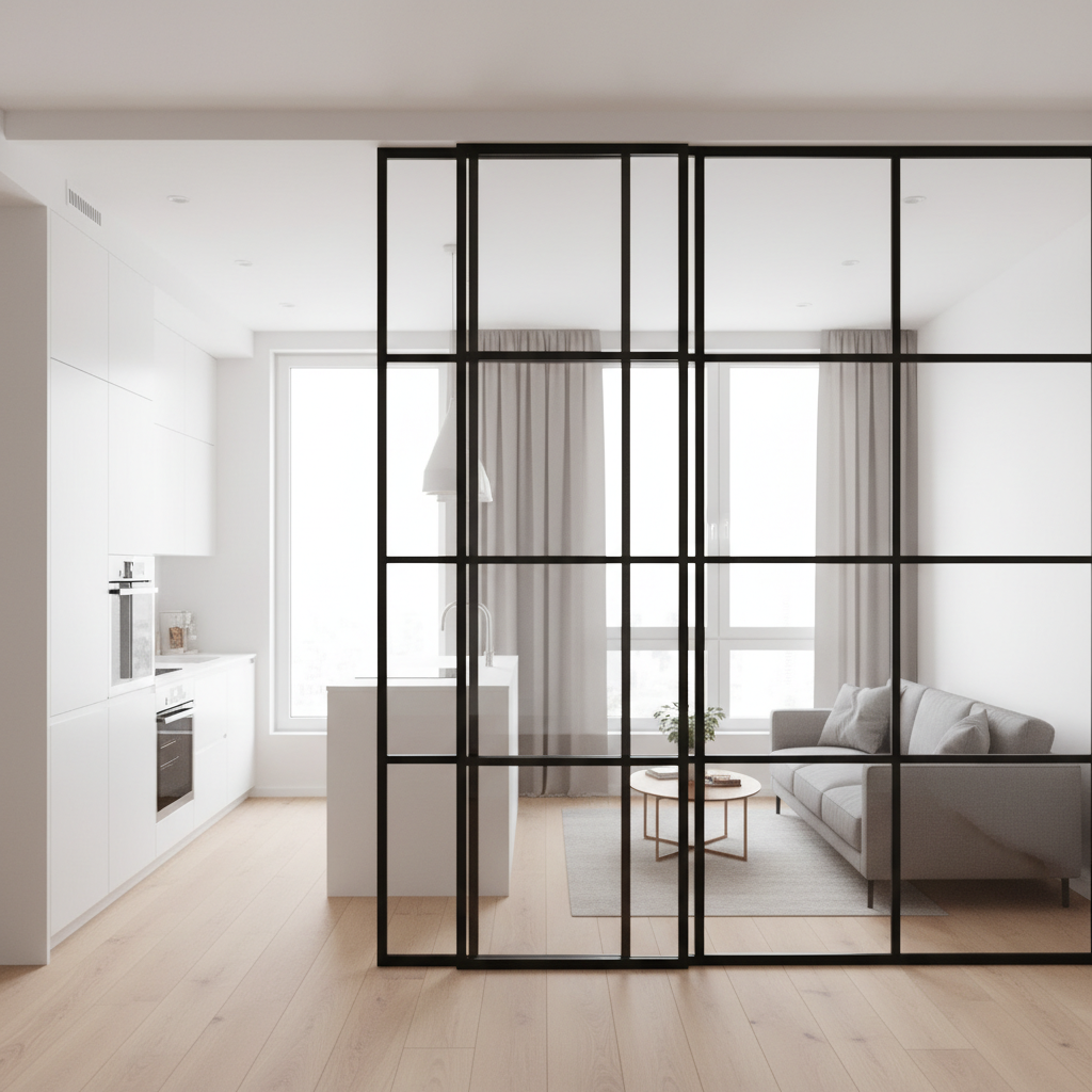 Jasne, nowoczesne wnętrze kawalerki z białą kuchnią w tle, oddzieloną od salonu czarną, metalową szklaną ścianką w stylu loft. Przez szybę widać fragment salonu z kanapą i stolikiem kawowym. Światło dzienne wpada przez duże okno, oświetlając całą przestrzeń.