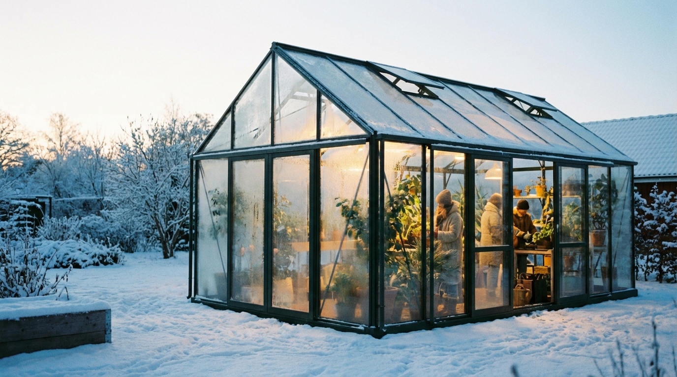 Nowoczesna, dobrze utrzymana szklarnia stojąca w ośnieżonym ogrodzie o poranku. Przez jej szklane ściany przebija ciepłe, złote światło, sugerując, że wewnątrz panuje przyjazna roślinom temperatura, co kontrastuje z zimowym krajobrazem na zewnątrz. Zdjęcie w stylu fotografii lifestylowej, realistyczne, z miękkim oświetleniem.