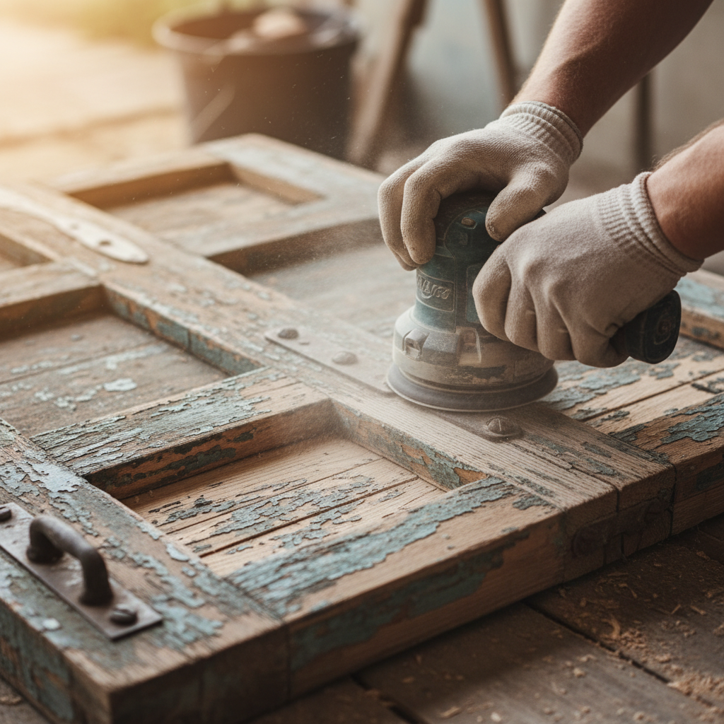 Dłonie szlifują stare, drewniane drzwi szlifierką.