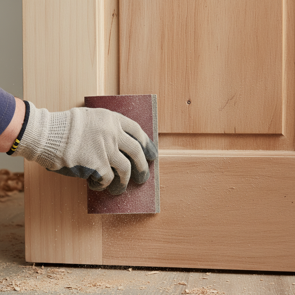Dłoń w rękawicy ochronnej, trzymająca klocek szlifierski, szlifuje powierzchnię drewnianych drzwi. W tle widać fragmenty oszlifowanego i jeszcze surowego drewna.