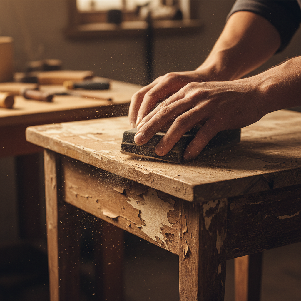 Zbliżenie na dłonie osoby, która starannie szlifuje powierzchnię starego, drewnianego stolika za pomocą klocka szlifierskiego. Widoczny pył drzewny i częściowo usunięta stara warstwa lakieru. Scena ma ciepłe, warsztatowe oświetlenie, podkreślające teksturę drewna i rzemieślniczy charakter pracy.