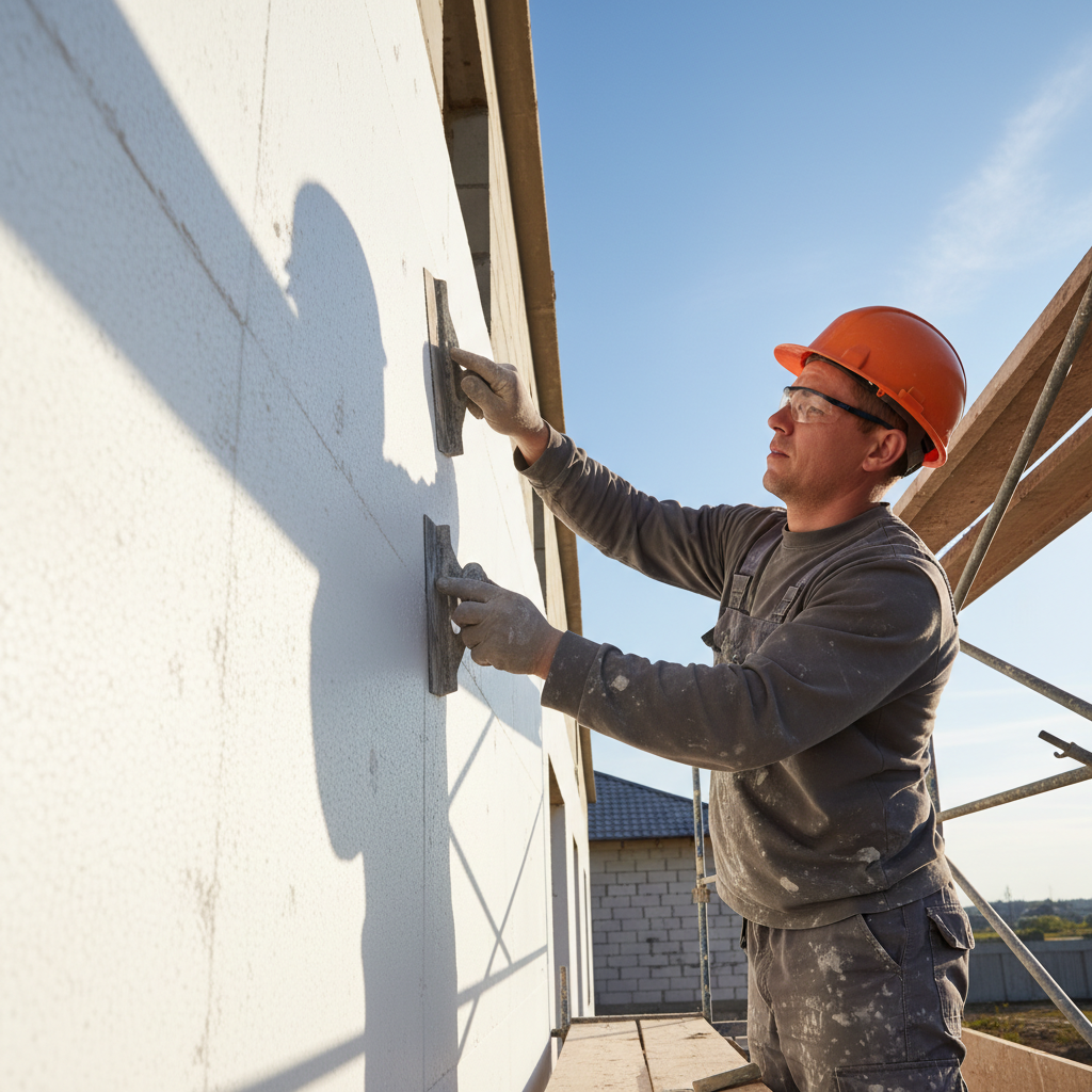 Pracownik budowlany w kasku i okularach ochronnych, stojący na rusztowaniu, starannie szlifuje pacą z papierem ściernym białą ścianę ocieploną styropianem. Słońce oświetla elewację pod kątem, podkreślając gładkość uzyskanej powierzchni. W tle widać fragment niebieskiego nieba.