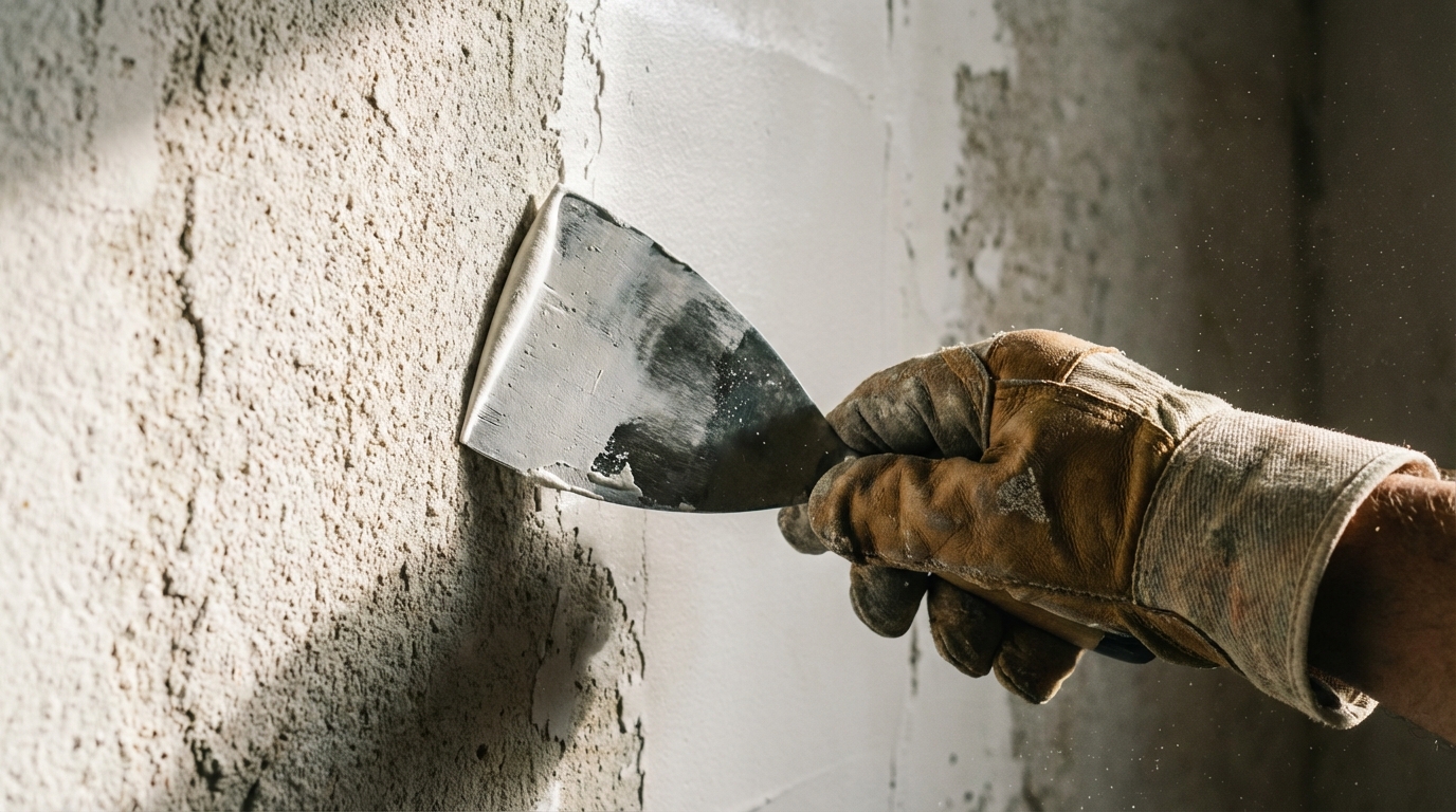 Zbliżenie na dłoń w rękawicy roboczej, trzymającą metalową pacę i nakładającą idealnie gładką warstwę białej masy szpachlowej na surową, otynkowaną ścianę. Światło pada z boku, podkreślając teksturę tynku i gładkość szpachli.