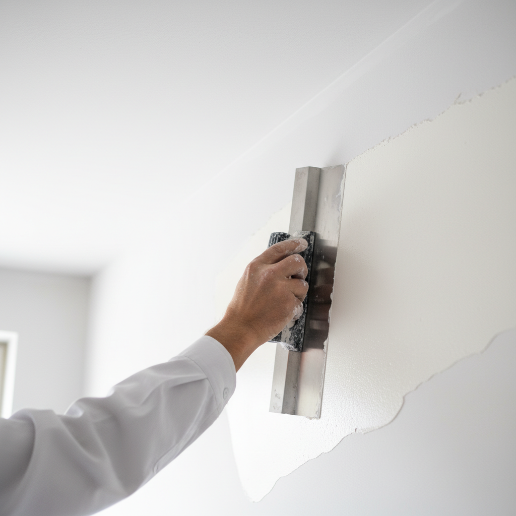Szerokie, jasne ujęcie przedstawiające dłoń profesjonalisty w czystym stroju roboczym, który płynnym, precyzyjnym ruchem nakłada idealnie gładką warstwę białej szpachli na ścianę za pomocą szerokiej, lśniącej pacy nierdzewnej. W tle widać fragment odnowionego, gładkiego sufitu. Światło jest miękkie i naturalne, podkreślając gładkość powierzchni. Całość ma estetyczny, satysfakcjonujący charakter i sugeruje profesjonalizm oraz doskonały efekt końcowy.