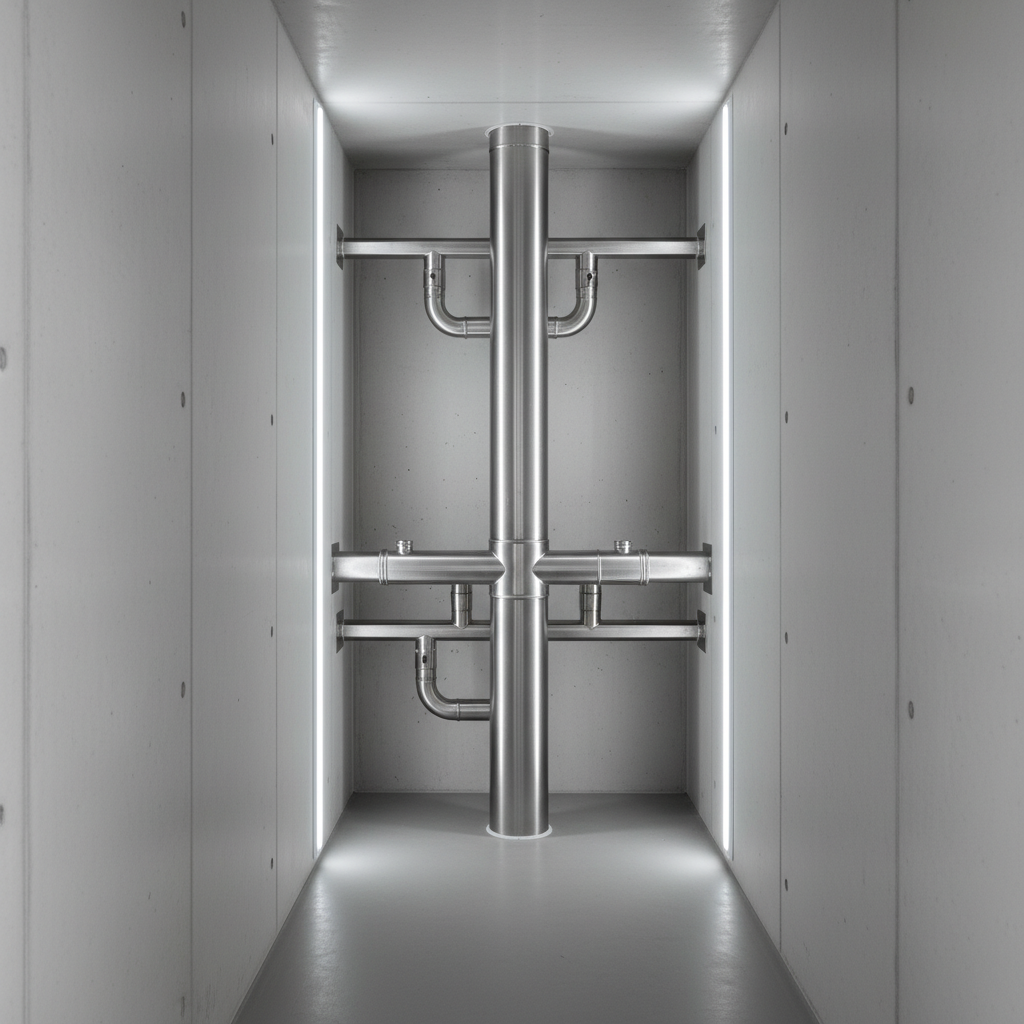 Wnętrze nowoczesnego szybu instalacyjnego w budynku wielorodzinnym, pokazujące jeden, centralny, lśniący, metalowy przewód systemu LAS, od którego odchodzą mniejsze podłączenia do mieszkań. Przestrzeń jest czysta, uporządkowana i dobrze oświetlona, co kontrastuje z plątaniną rur w starych systemach.