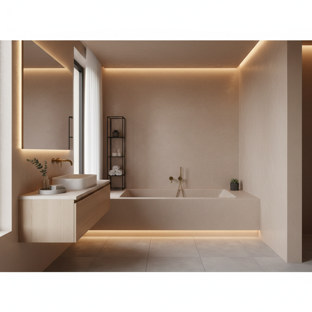 Minimalistyczna, nowoczesna łazienka, w której ściany i obudowa wanny są płynnie połączone i pokryte gładkim, beżowym tynkiem Tadelakt o subtelnym, satynowym połysku. Ciepłe, ambientowe oświetlenie podkreśla fakturę materiału.