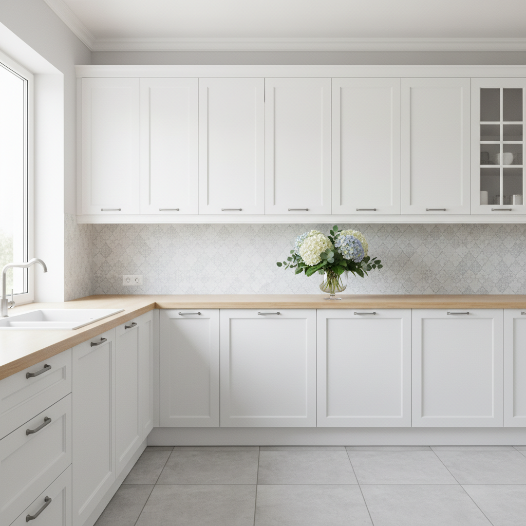 Stylowa, jasna kuchnia z białymi szafkami i drewnianym blatem. Ściana pomiędzy blatem a górnymi szafkami jest pokryta zmywalną tapetą winylową w subtelny, geometryczny wzór w odcieniach szarości i błękitu. Na blacie stoi wazon ze świeżymi kwiatami, a całość tworzy spójne i eleganckie wnętrze.