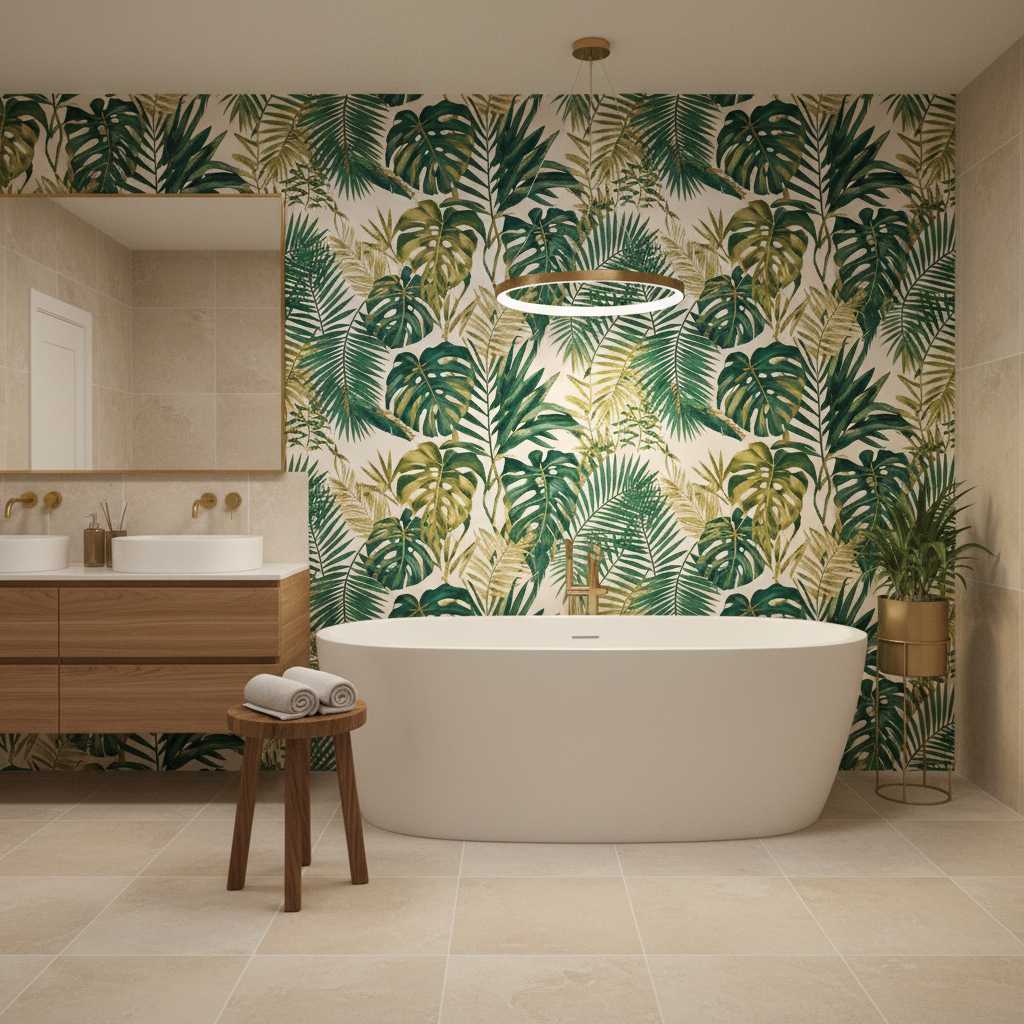 Elegancka łazienka z akcentową ścianą za wolnostojącą wanną, pokrytą wodoodporną tapetą w duży, botaniczny wzór w odcieniach zieleni i złota. Światło jest miękkie i rozproszone.