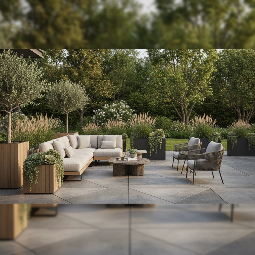 Pięknie zaaranżowany, nowoczesny taras z meblami wypoczynkowymi. Nawierzchnia wykonana jest z dużych, eleganckich płyt z betonu szlachetnego w różnych odcieniach szarości, ułożonych w ciekawy wzór. W tle widać zieleń ogrodu, a na tarasie stoją donice z roślinami. Całość tworzy luksusową i spójną przestrzeń relaksu.