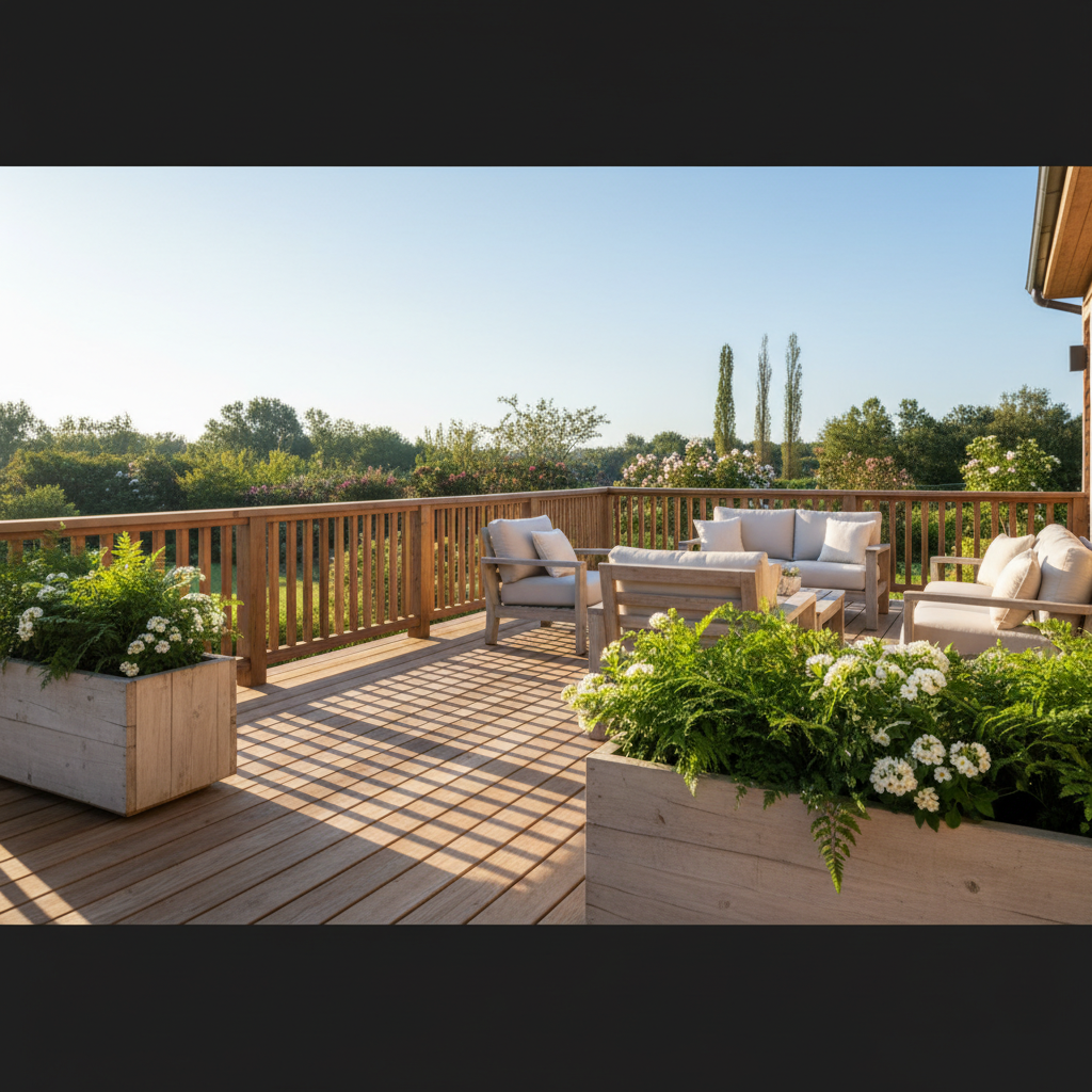 Szerokie ujęcie słonecznego tarasu z drewnianą podłogą i balustradą. Na pierwszym planie duże, prostokątne donice z naturalnego, jasnego drewna, w których rosną bujne, zielone paprocie i białe kwiaty. W tle widać wygodne, drewniane meble ogrodowe z miękkimi poduszkami. Ciepłe, poranne światło podkreśla naturalną fakturę drewna.