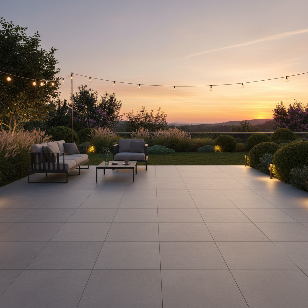 Nowoczesny, minimalistyczny taras z widokiem na zadbany ogród o zachodzie słońca. Na tarasie znajdują się płyty Eleganza w odcieniu szarości, ułożone w regularny wzór. Stoją na nich stylowe, ciemne meble ogrodowe (sofa i stolik kawowy). Ciepłe światło lamp zewnętrznych podkreśla aksamitną fakturę płyt.