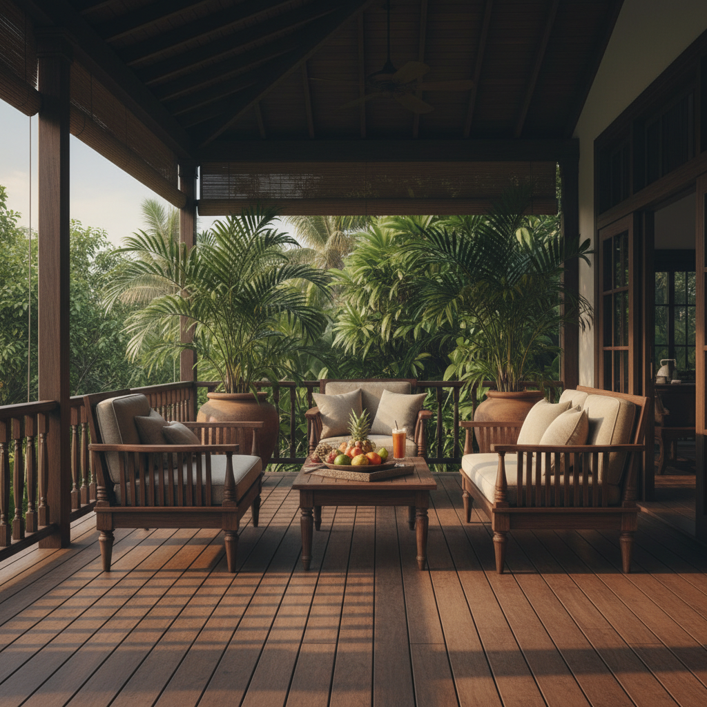 Przestronny, częściowo zadaszony drewniany taras w stylu kolonialnym. W centrum znajduje się zestaw ciemnych, masywnych mebli z drewna tekowego z wygodnymi, jasnymi poduszkami. Na stole stoi taca z egzotycznymi owocami i wysoka szklanka mrożonej herbaty. W tle bujne, zielone rośliny tropikalne w dużych, terakotowych donicach. Całość skąpana jest w ciepłym, miękkim świetle późnego popołudnia, tworząc głębokie cienie i relaksującą, egzotyczną atmosferę.