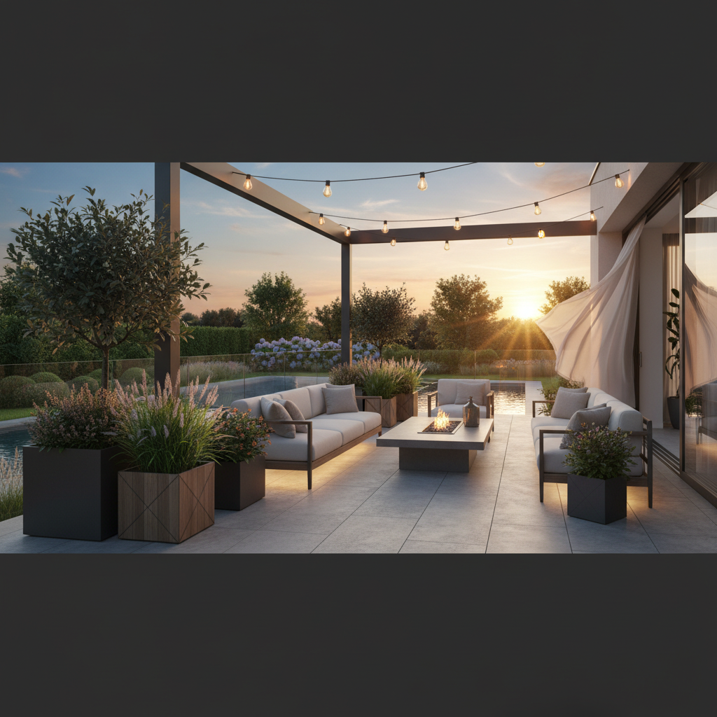 Szerokie ujęcie pięknego, nowocześnie urządzonego tarasu o zachodzie słońca. Na tarasie widać wygodne meble ogrodowe, stylowe donice z roślinnością i ciepłe oświetlenie. W tle rozmyty widok na zadbany ogród. Obraz ma tworzyć atmosferę relaksu i marzeń o idealnym miejscu do wypoczynku.