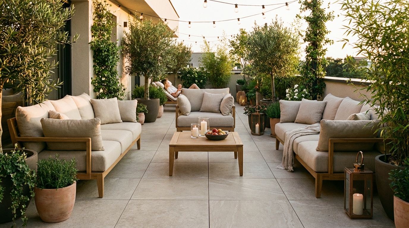 Piękny, nowoczesny taras z eleganckimi płytkami gresowymi, otoczony zielenią. Na tarasie stoją wygodne meble ogrodowe, a ciepłe, wieczorne światło tworzy przytulną atmosferę. Scena emanuje spokojem i relaksem, ukazując idealny efekt końcowy udanego remontu.