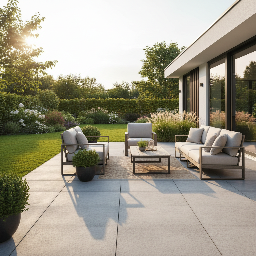 Piękny, nowoczesny taras z dużych, jasnoszarych płyt betonowych, umeblowany wygodnymi meblami ogrodowymi (sofa, fotele, stolik kawowy). W tle widać zadbany ogród i fragment nowoczesnego domu. Ciepłe, popołudniowe słońce tworzy przytulną atmosferę. Styl fotorealistyczny, wysokiej jakości.